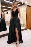 Prom Dress 2025 Black Sequin Bodice Satin Bottom Prom Dress with Plunging V-Neck, High Slit, and Pockets FD3461-unique prom dresses-Black-Custom Size-Viniodress