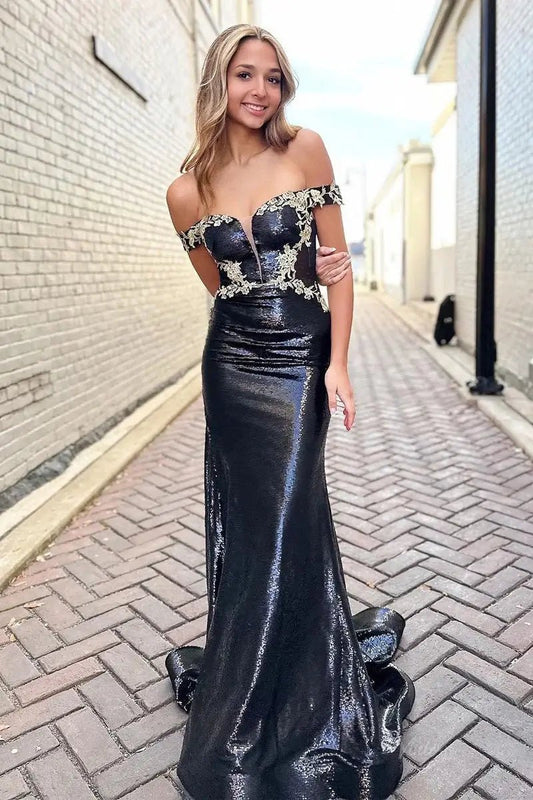 Black Sequin Mermaid Prom Dresses 2025 with Lace Applique & Plunging V-Neck – FD5072-prom dresses 2025 -Viniodress-Black-Custom Size-