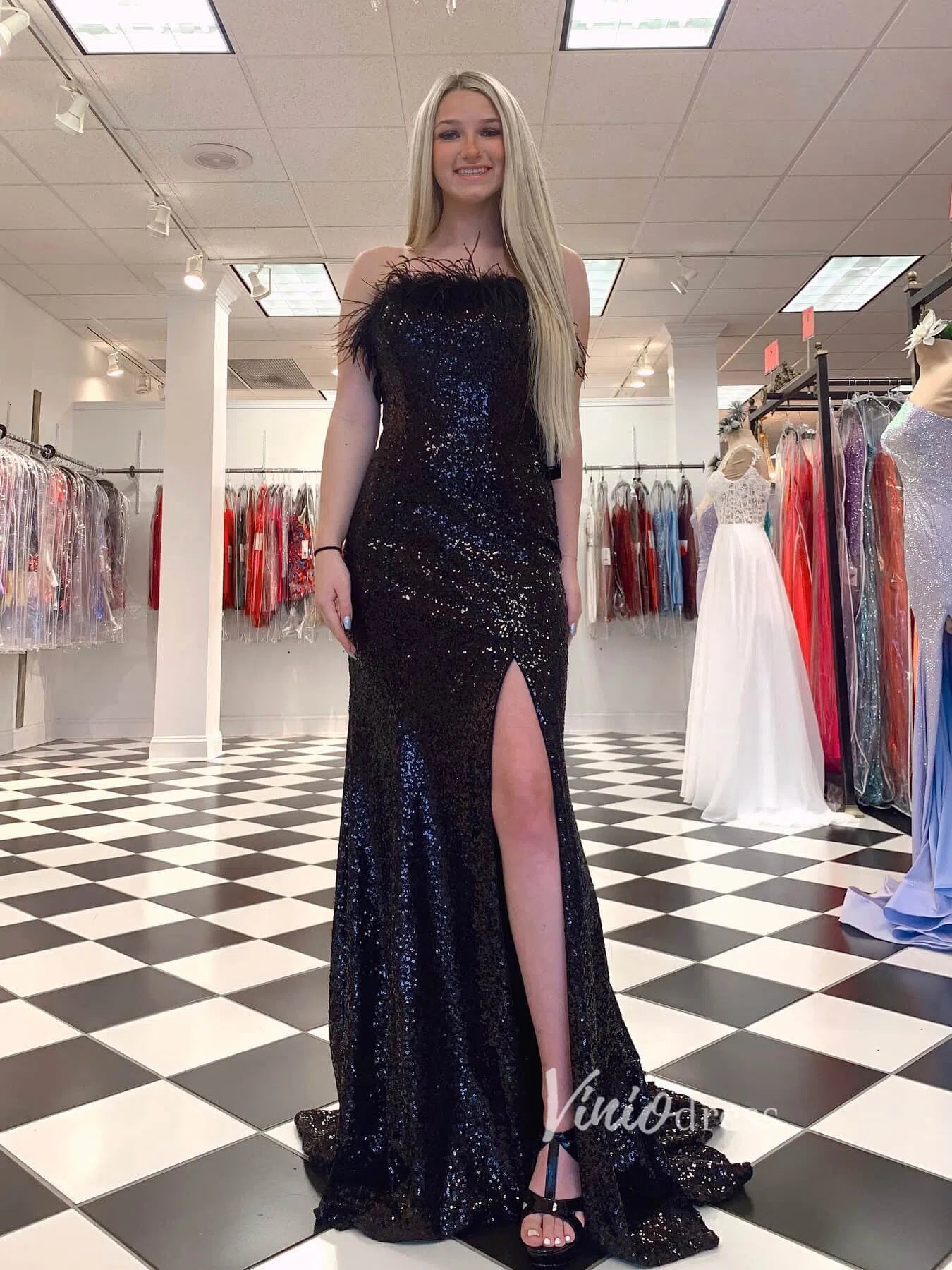 Black Sequin Prom Dresses with Slit Feather Evening Gown FD2741 Viniodress Black Sequin Prom Dresses with Slit Feather Evening Gown FD2741 Viniodress