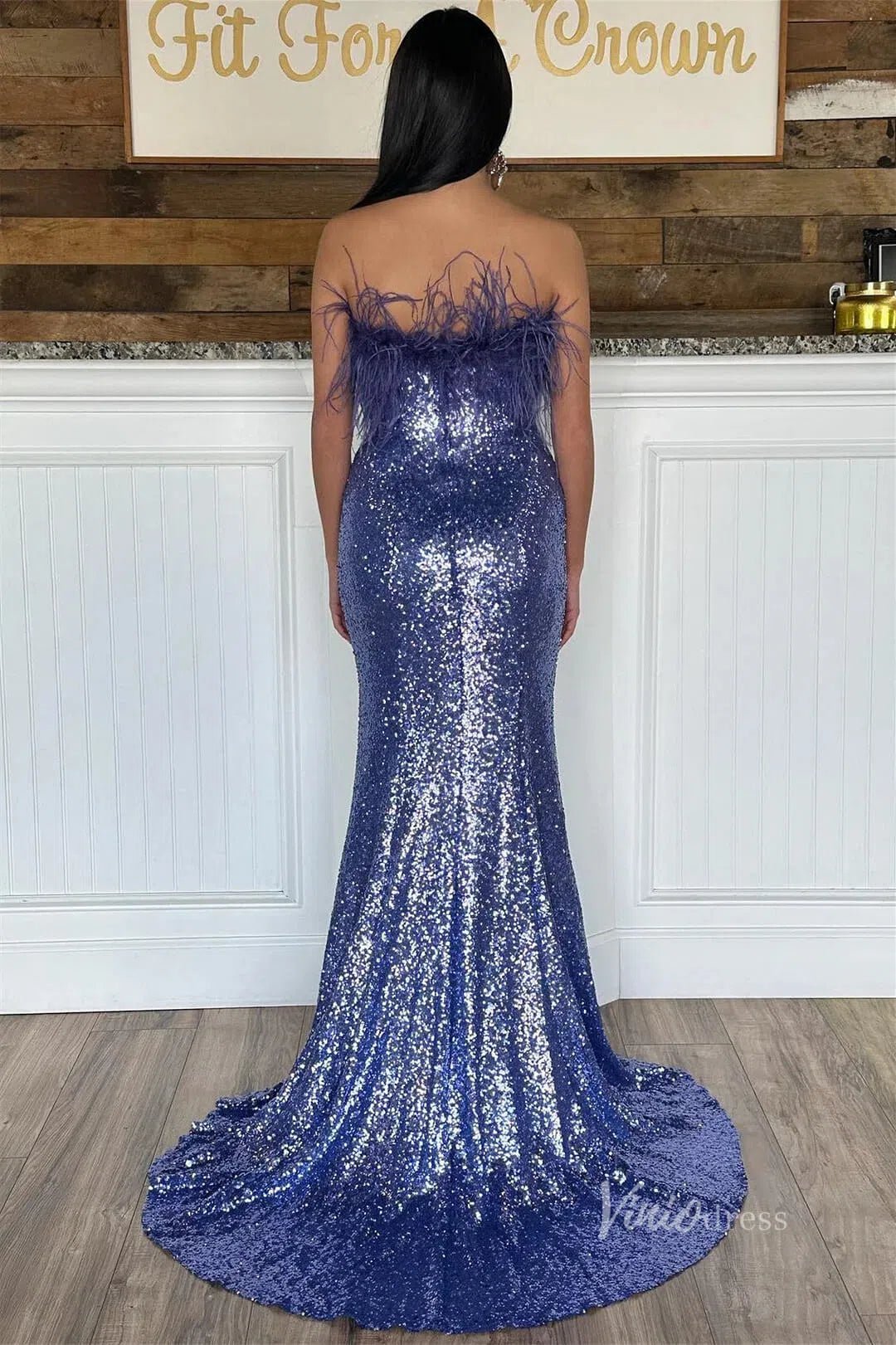 Black Sequin Prom Dresses with Slit Feather Evening Gown FD2741-prom dresses 2025 -Viniodress-Black-Custom Size-