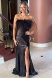 Black Sequin Prom Dresses with Slit Feather Evening Gown FD2741-prom dresses-Viniodress-Viniodress