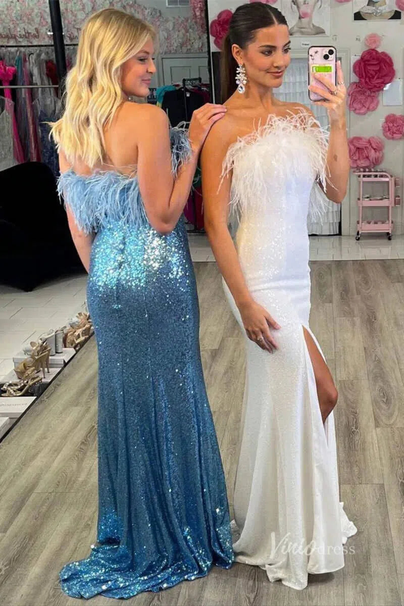 Black Sequin Prom Dresses with Slit Feather Evening Gown FD2741-prom dresses-Viniodress-Viniodress