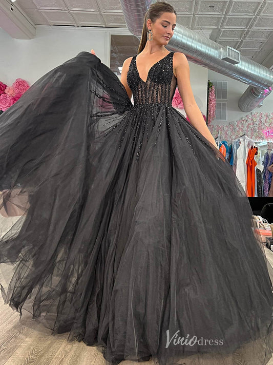 Black Sheer Beaded Boned Bodice Prom Dresses Tulle V-Neck Formal Gown FD4070-prom dresses 2025 -Viniodress-Black-Custom Size-