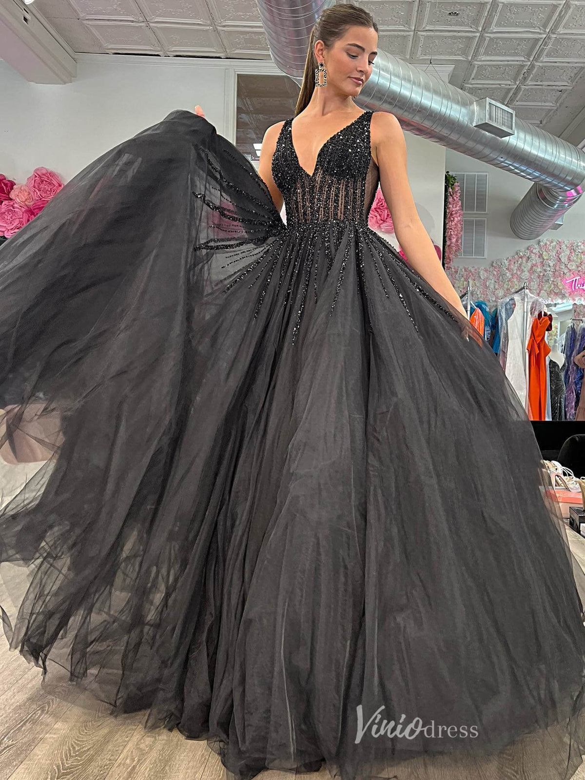 Black Sheer Beaded Boned Bodice Prom Dresses Tulle V-Neck Formal Gown FD4070-prom dresses-Viniodress-Black-Custom Size-Viniodress