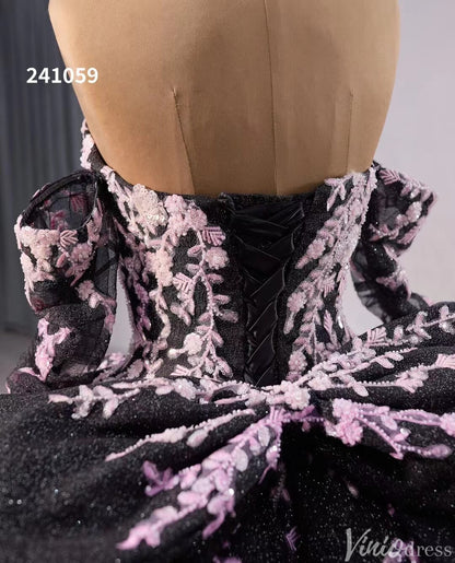 Black Shimmering Lace Applique Wedding Gown Off the Shoulder Quinceanera Dress 241059-Quinceanera Dresses 2025 -Viniodress-Black-Custom Size-