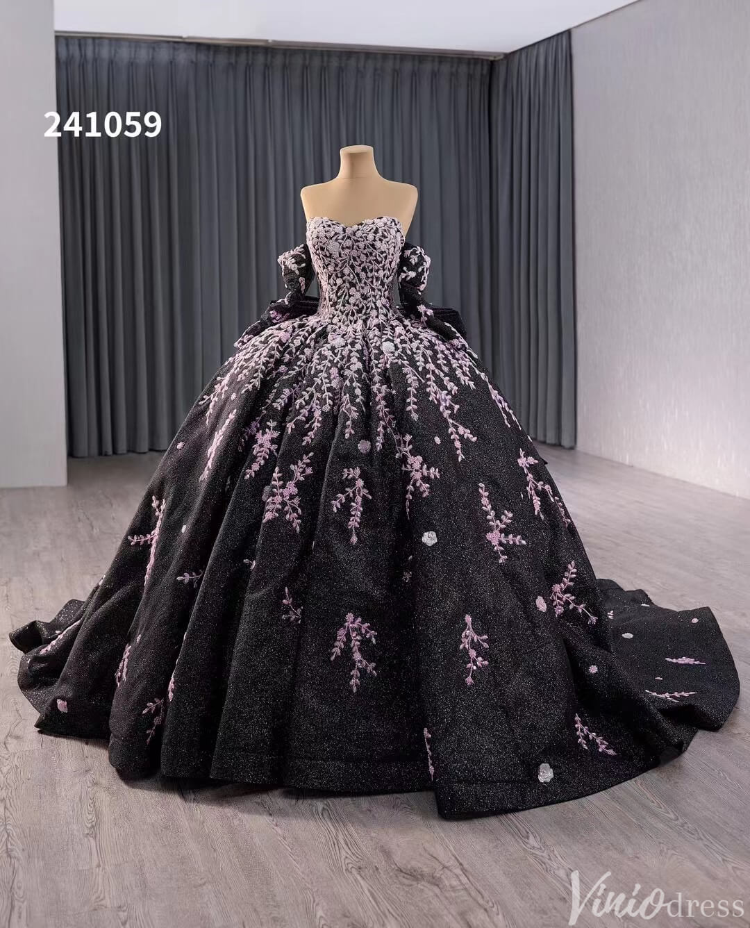 Black Shimmering Lace Applique Wedding Gown Off the Shoulder Quinceanera Dress 241059-Quinceanera Dresses 2025 -Viniodress-Black-Custom Size-