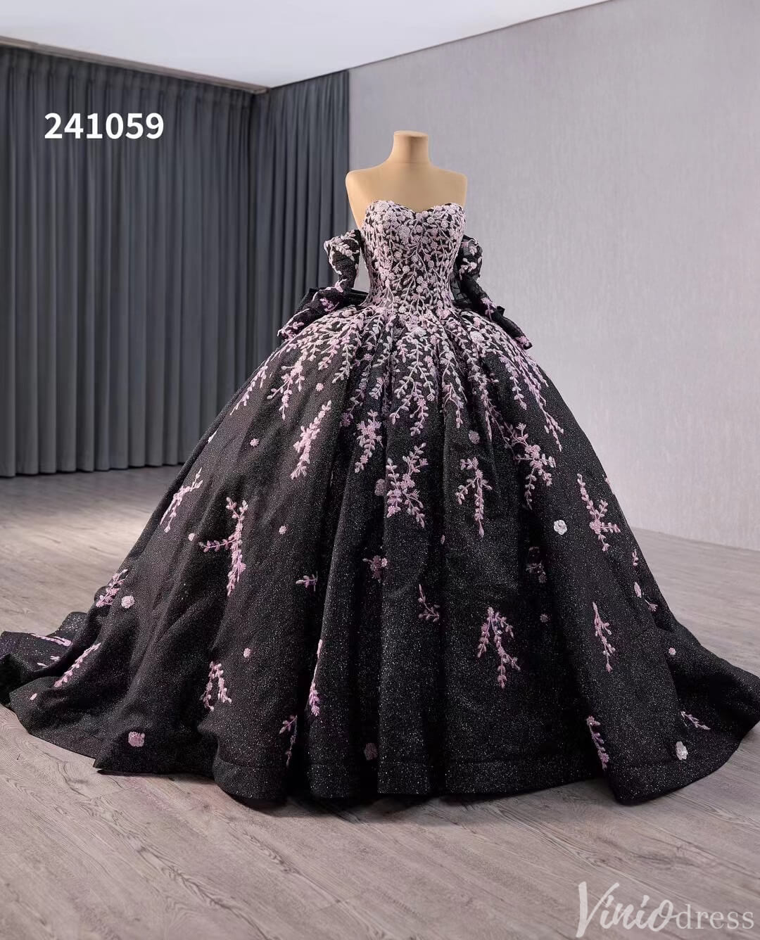 Black Shimmering Lace Applique Wedding Gown Off the Shoulder Quinceanera Dress 241059-Quinceanera Dresses 2025 -Viniodress-Black-Custom Size-