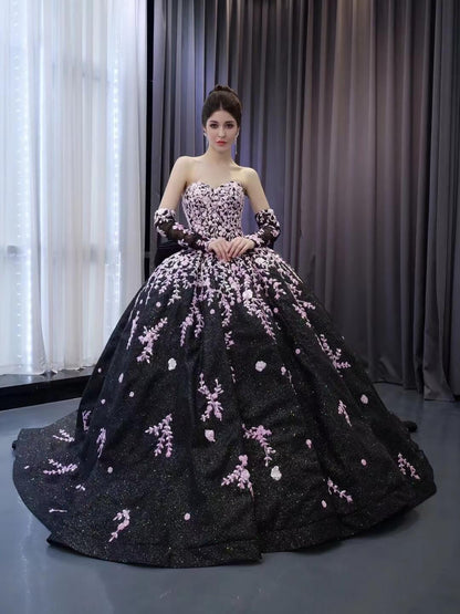 Black Shimmering Lace Applique Wedding Gown Off the Shoulder Quinceanera Dress 241059-Quinceanera Dresses 2025 -Viniodress-Black-Custom Size-