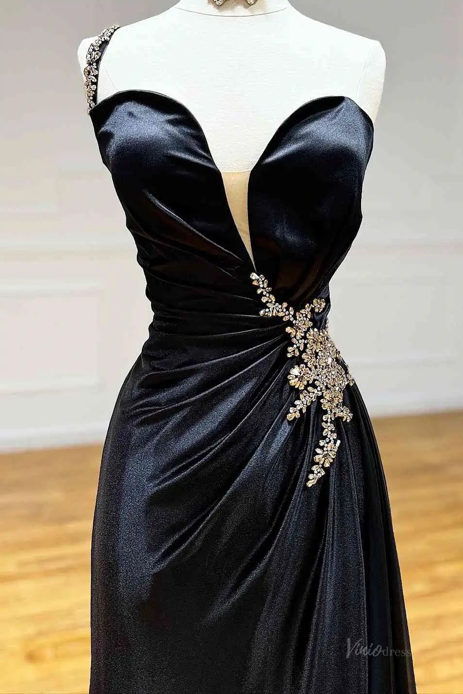 Black Shimmering Satin Prom Dresses 2025 with Sweetheart Neck & Beaded One Shoulder – FD5035 - Viniodressprom dressesBlackCustom Size - Formal Dresses - Ball Gowns