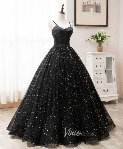 Black Spaghetti Strap Prom Dresses Starry Tulle Evening Dress FD3166-prom dresses 2025 -Viniodress-Black-Custom Size-