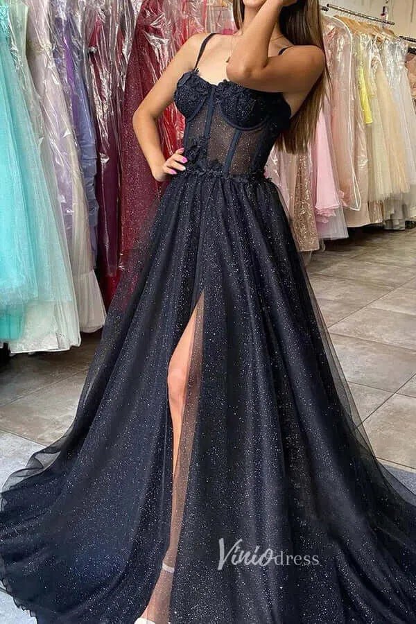 Black Spaghetti Strap Prom Dresses With Slit Sparkly Tulle Evening Dress FD3105-prom dresses 2025 -Viniodress-Black-Custom Size-