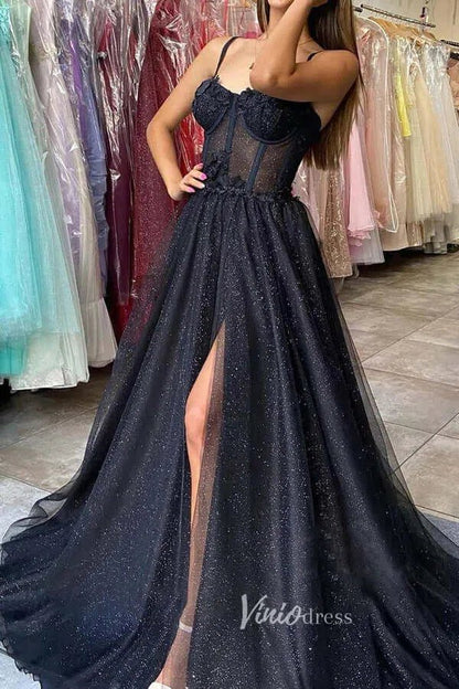 Black Spaghetti Strap Prom Dresses With Slit Sparkly Tulle Evening Dress FD3105-prom dresses 2025 -Viniodress-Black-Custom Size-