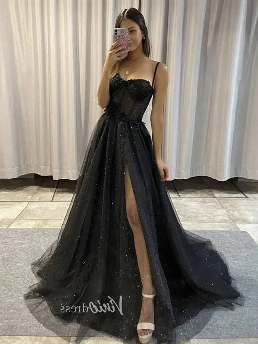 Black Spaghetti Strap Prom Dresses With Slit Sparkly Tulle Evening Dress FD3105-prom dresses 2025 -Viniodress-Black-Custom Size-