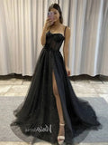 Black Spaghetti Strap Prom Dresses With Slit Sparkly Tulle Evening Dress FD3105-prom dresses-Viniodress-Viniodress