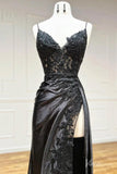 Black Spaghetti Strap Sheath Prom Dresses with Slit Lace Applique FD1523-prom dresses-Viniodress-Viniodress