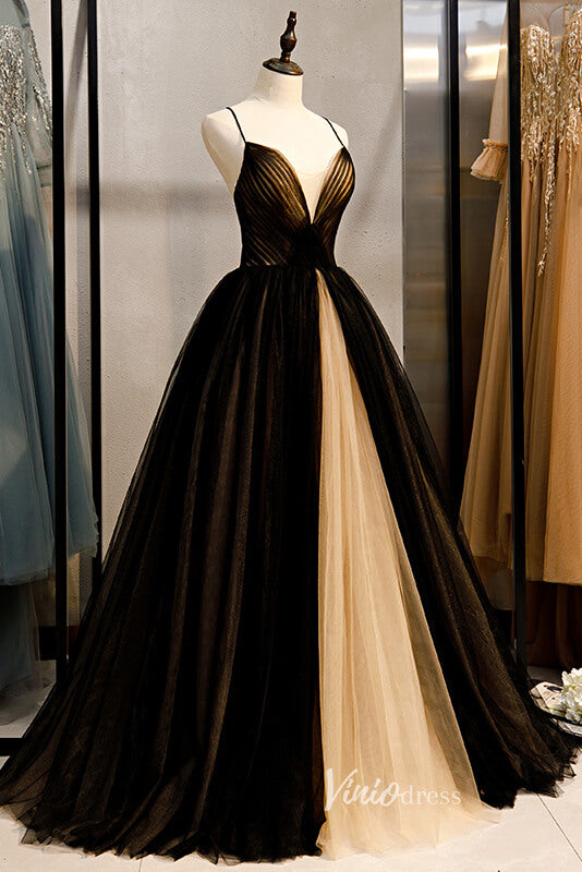 Black Spaghetti Strap Tulle Prom Dresses V-Neck Evening Dress FD90014-prom dresses-Viniodress-Viniodress