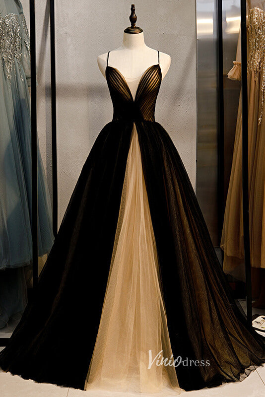 Black Spaghetti Strap Tulle Prom Dresses V-Neck Evening Dress FD90014-prom dresses-Viniodress-Black-Custom Size-Viniodress