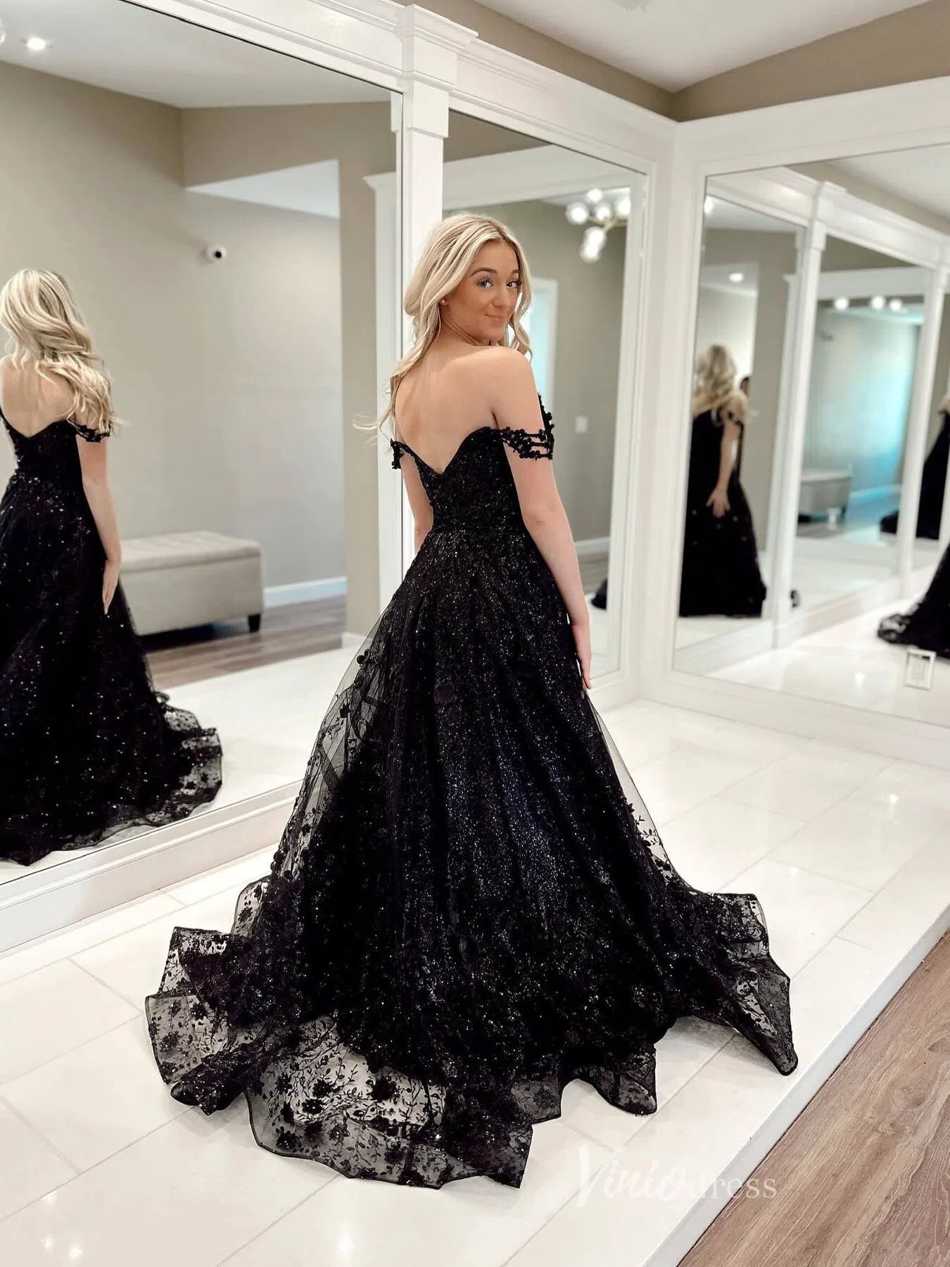 Black Sparkly Lace Prom Dresses Off the Shouder Formal Gown FD3972 Viniodress Black Sparkly Lace Prom Dresses Off the Shouder Formal Gown FD3972 Viniodress