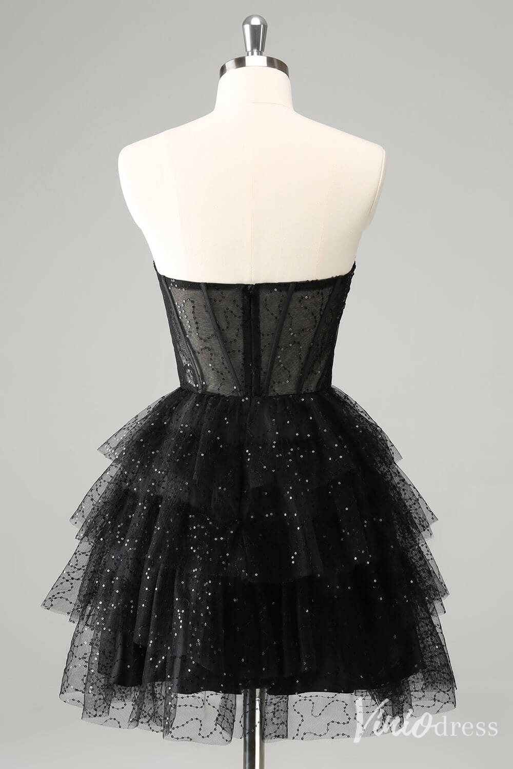 Black Sparkly Ruffled Homecoming Dresses Sweetheart Strapless Back to School Dress S24038-prom dresses-Viniodress-Viniodress