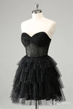 Black Sparkly Ruffled Homecoming Dresses Sweetheart Strapless Back to School Dress S24038-prom dresses-Viniodress-Viniodress