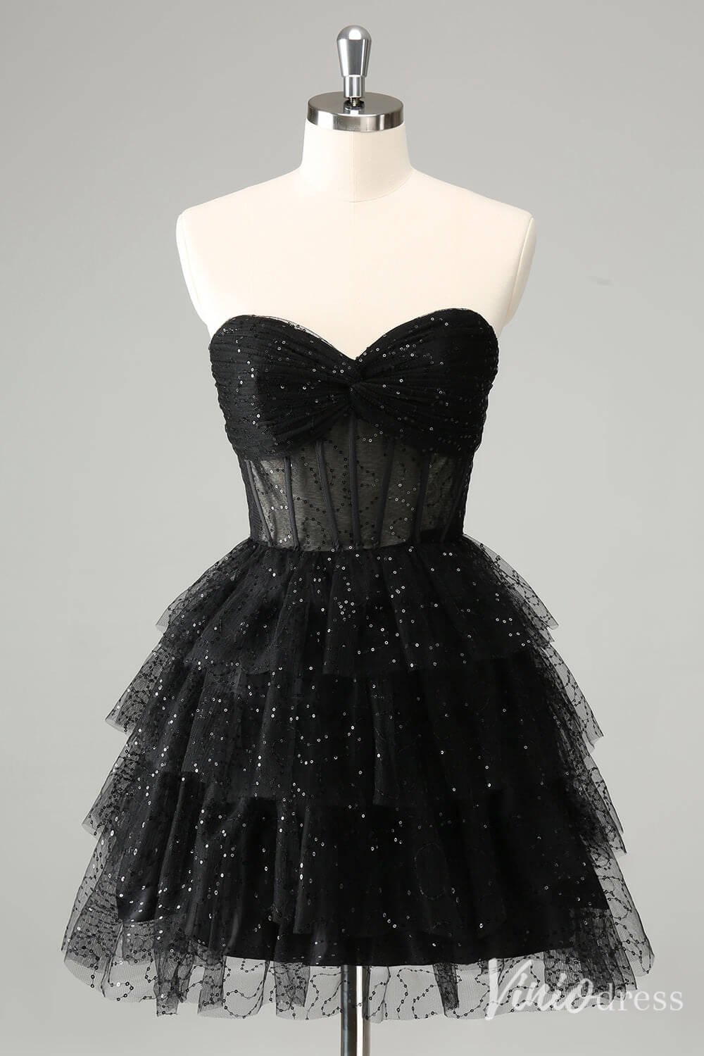 Black Sparkly Ruffled Homecoming Dresses Sweetheart Strapless Back to School Dress S24038-prom dresses-Viniodress-Black-Custom Size-Viniodress