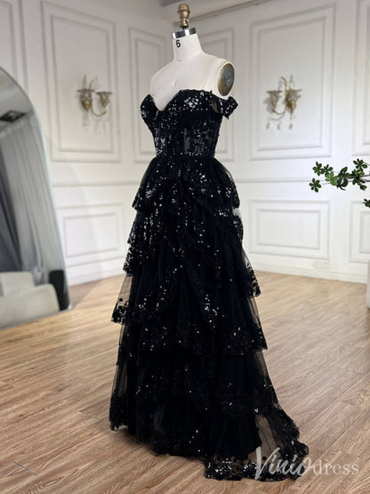 Black Sparkly Ruffled Prom Dresses with Slit Off the Shoulder Evening Dress 20224-Evening Dresses 2025 -Viniodress-Black-US 2-