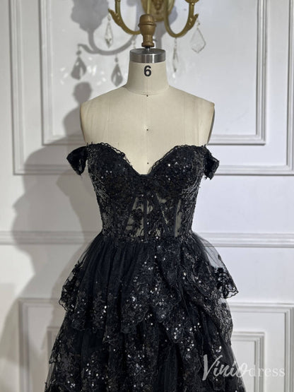 Black Sparkly Ruffled Prom Dresses with Slit Off the Shoulder Evening Dress 20224-Evening Dresses 2025 -Viniodress-Black-US 2-