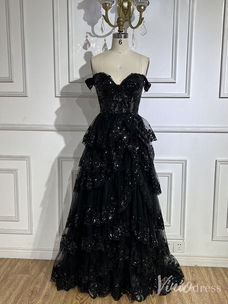 Black Sparkly Ruffled Prom Dresses with Slit Off the Shoulder Evening Dress 20224 - ViniodressEvening DressesBlackUS 2 - Formal Dresses - Ball Gowns