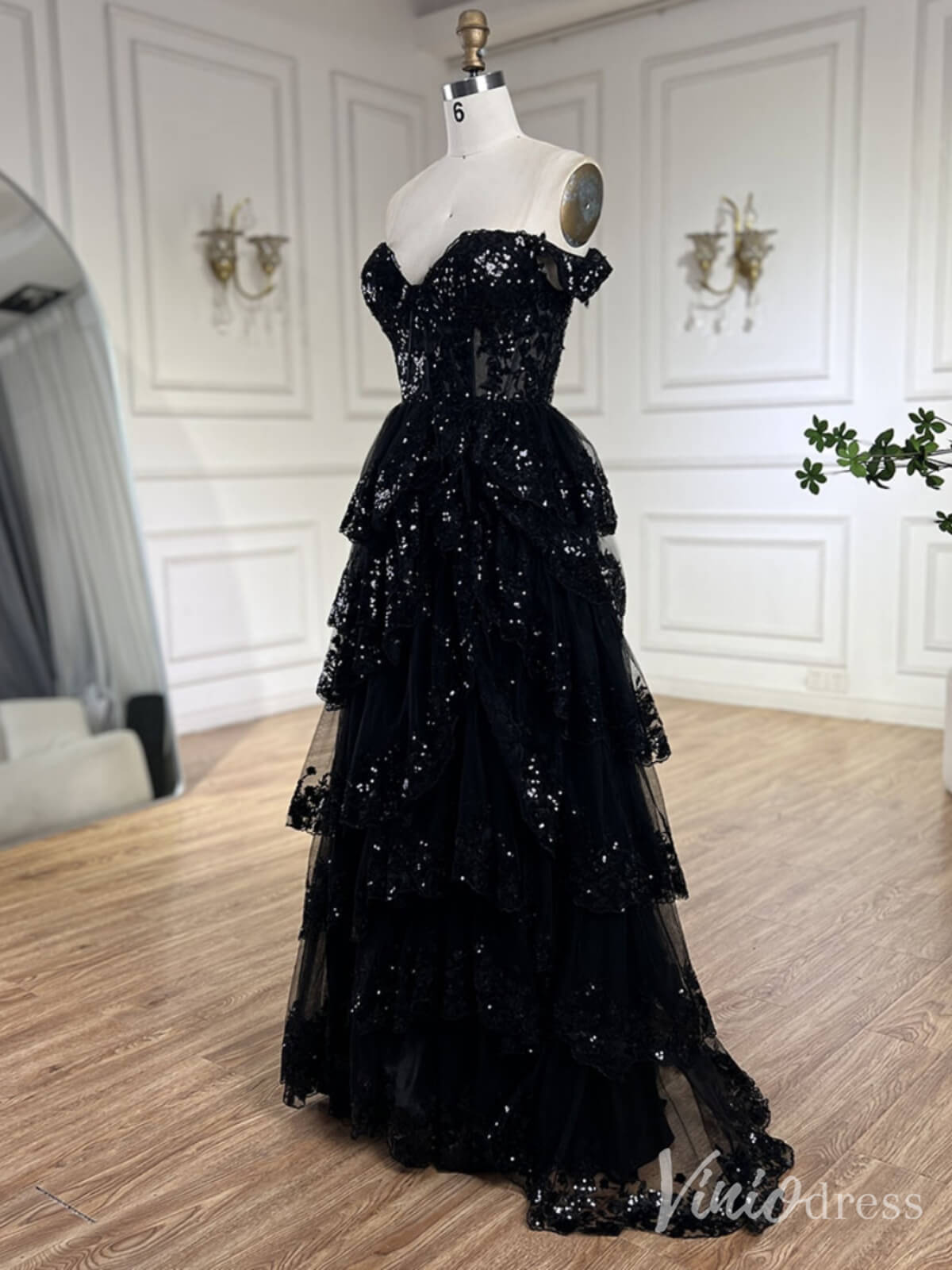 Black Sparkly Ruffled Prom Dresses with Slit Off the Shoulder Evening Dress 20224 - ViniodressEvening DressesBlackUS 2 - Formal Dresses - Ball Gowns