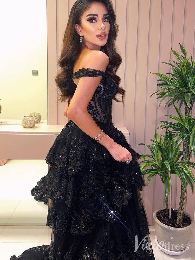 Black Sparkly Ruffled Prom Dresses with Slit Off the Shoulder Evening Dress 20224 - ViniodressEvening DressesBlackUS 2 - Formal Dresses - Ball Gowns