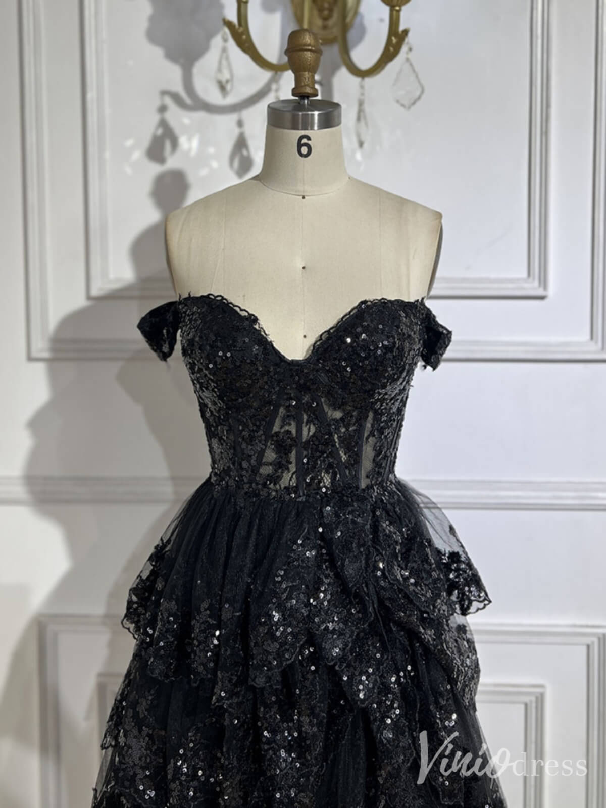 Black Sparkly Ruffled Prom Dresses with Slit Off the Shoulder Evening Dress 20224 - ViniodressEvening DressesBlackUS 2 - Formal Dresses - Ball Gowns