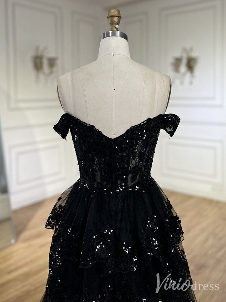 Black Sparkly Ruffled Prom Dresses with Slit Off the Shoulder Evening Dress 20224 - ViniodressEvening DressesBlackUS 2 - Formal Dresses - Ball Gowns