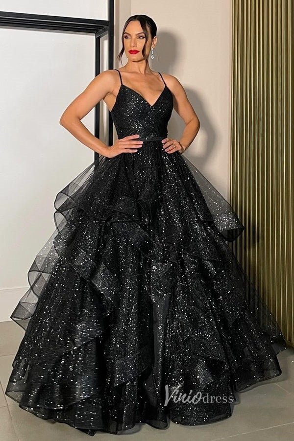 Black Sparkly Tiered Ruffle Prom Dresses Spagheti Strap Ball Gown FD3586 - Viniodressprom dressesBlackCustom Size - Formal Dresses - Ball Gowns