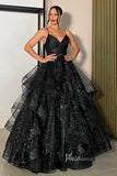 Black Sparkly Tiered Ruffle Prom Dresses Spagheti Strap Ball Gown FD3586