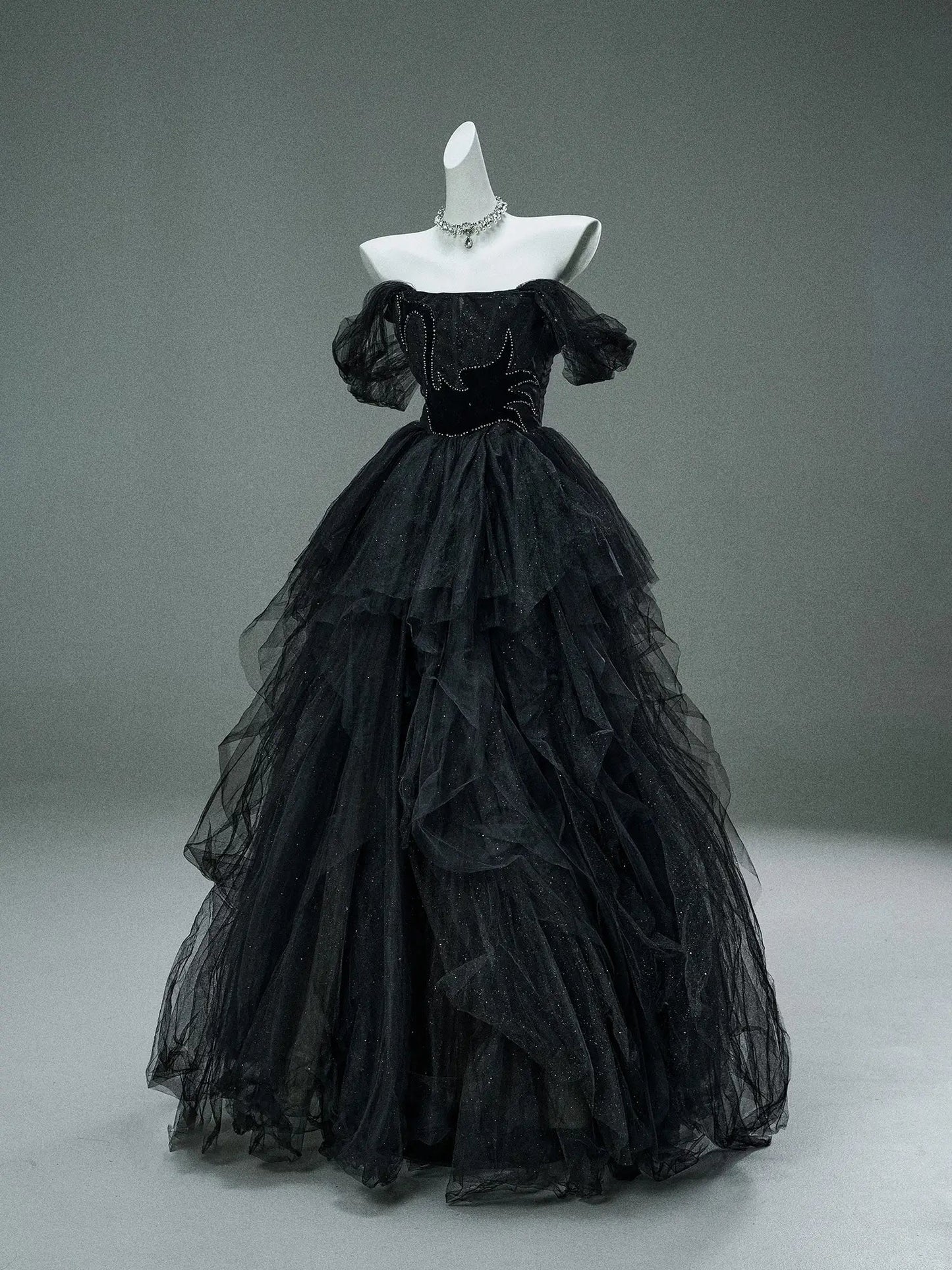 Black Sparkly Tulle Formal Dresses with Crystal Bodice & Tiered Bottom - CQ0150-Couture Gown 2025 -Viniodress-Black-Custom Size-
