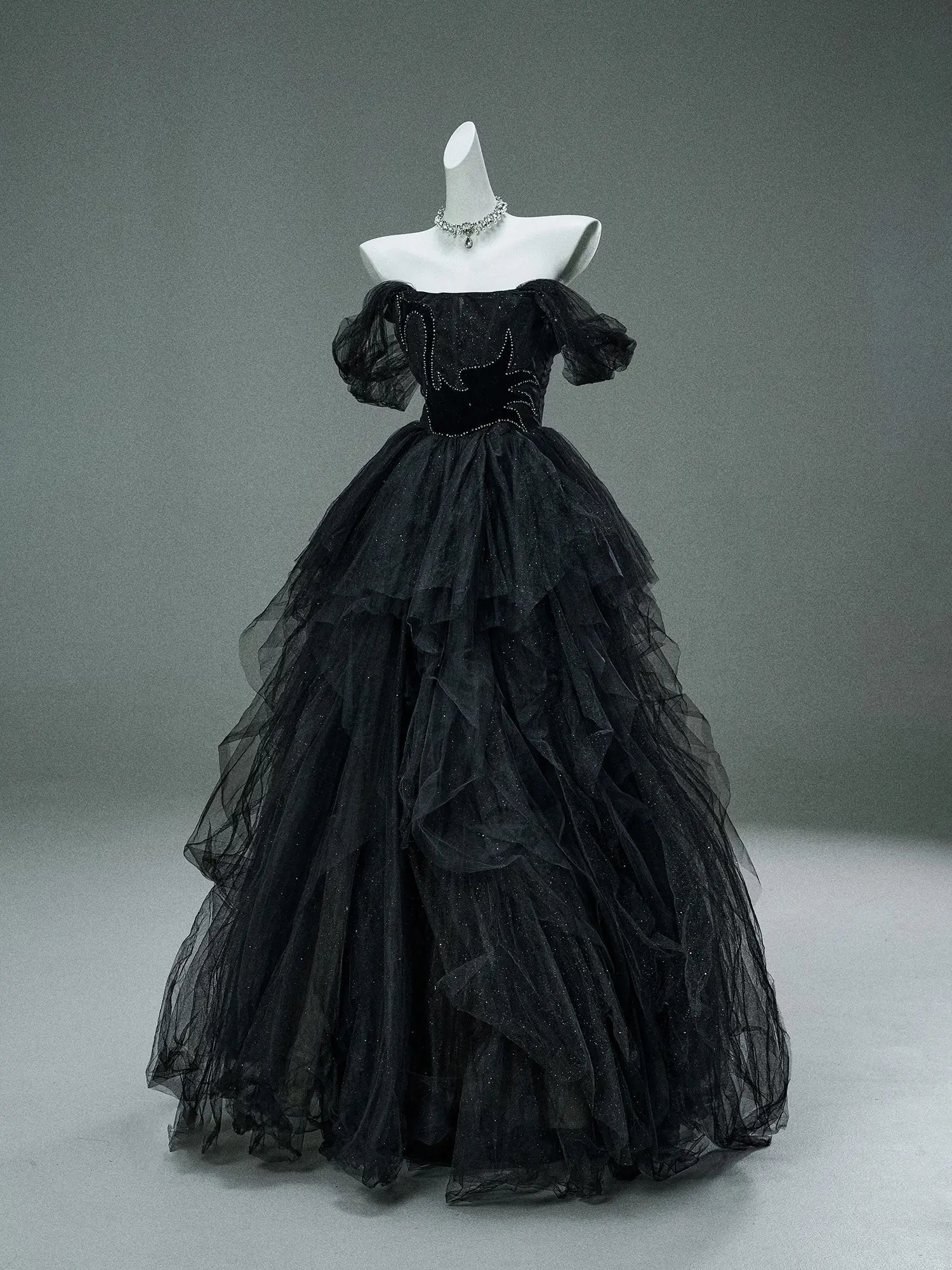 Black Sparkly Tulle Formal Dresses with Crystal Bodice & Tiered Bottom - CQ0150-Couture Gown 2025 -Viniodress-Black-Custom Size-