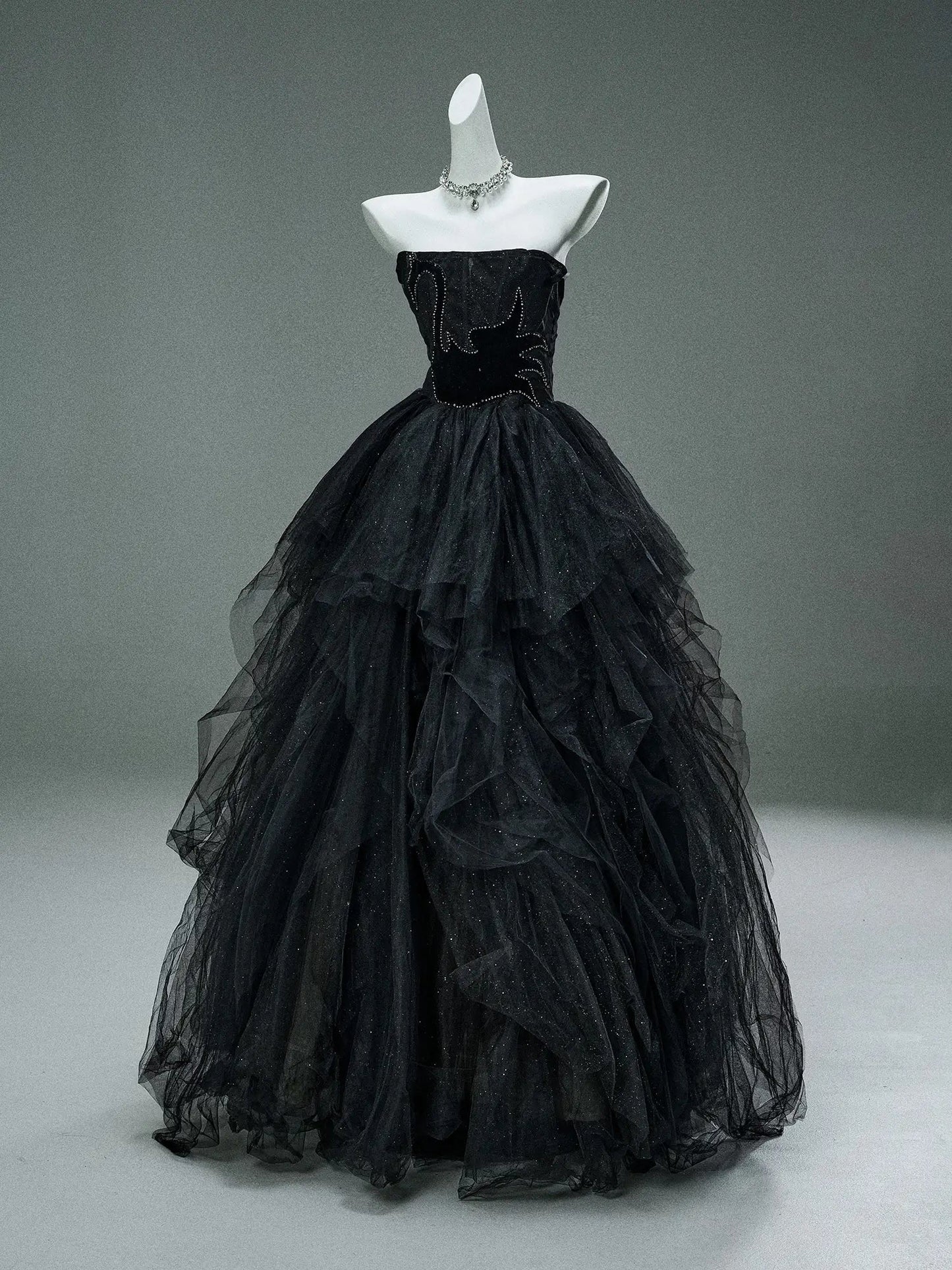 Black Sparkly Tulle Formal Dresses with Crystal Bodice & Tiered Bottom - CQ0150-Couture Gown 2025 -Viniodress-Black-Custom Size-