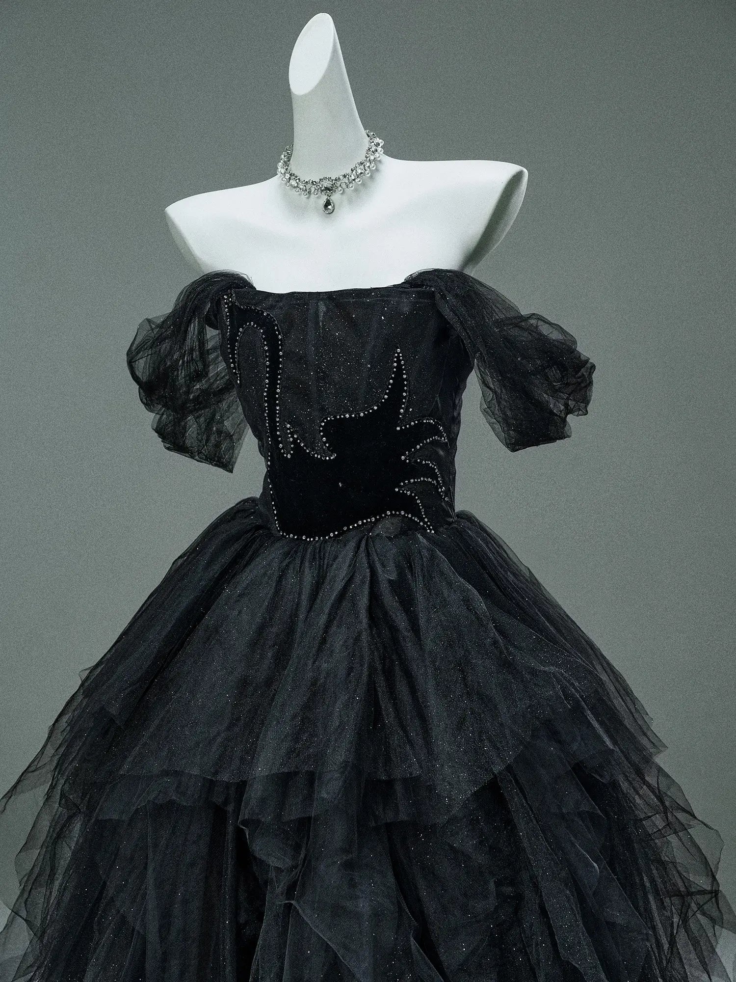 Black Sparkly Tulle Formal Dresses with Crystal Bodice & Tiered Bottom - CQ0150-Couture Gown 2025 -Viniodress-Black-Custom Size-