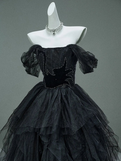 Black Sparkly Tulle Formal Dresses with Crystal Bodice & Tiered Bottom - CQ0150-Couture Gown 2025 -Viniodress-Black-Custom Size-