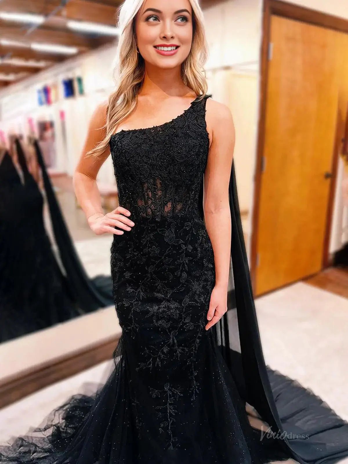 Black Sparkly Tulle Mermaid Prom Dress 2025 with One Shoulder & Watteau Train – FD5010-prom dresses 2025 -Viniodress-Black-Custom Size-
