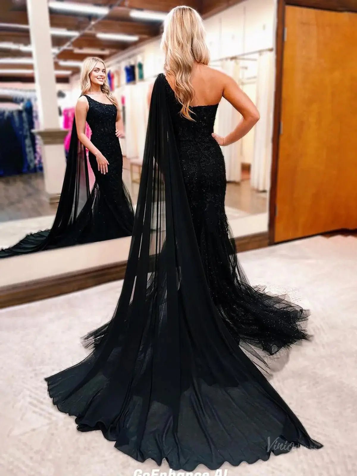 Black Sparkly Tulle Mermaid Prom Dress 2025 with One Shoulder & Watteau Train – FD5010 - Viniodressprom dressesBlackCustom Size - Formal Dresses - Ball Gowns