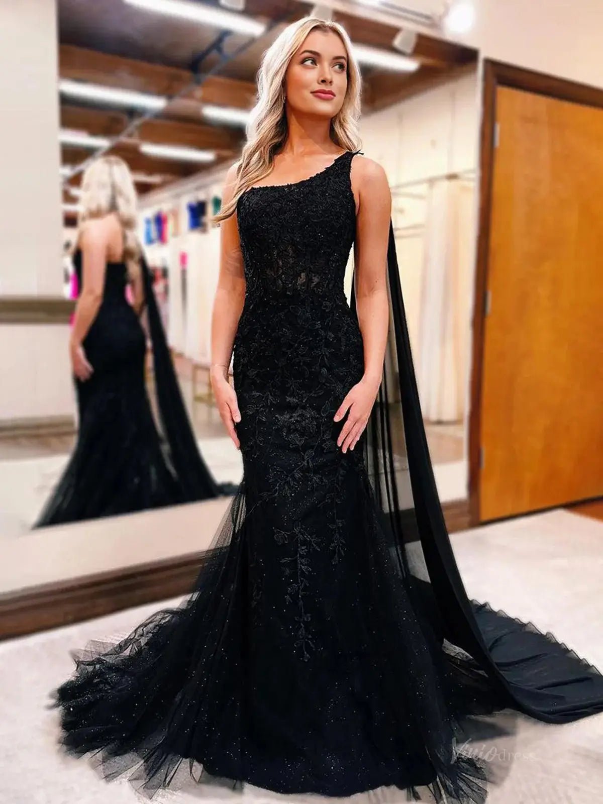 Black Sparkly Tulle Mermaid Prom Dress 2025 with One Shoulder & Watteau Train – FD5010 - Viniodressprom dressesBlackCustom Size - Formal Dresses - Ball Gowns