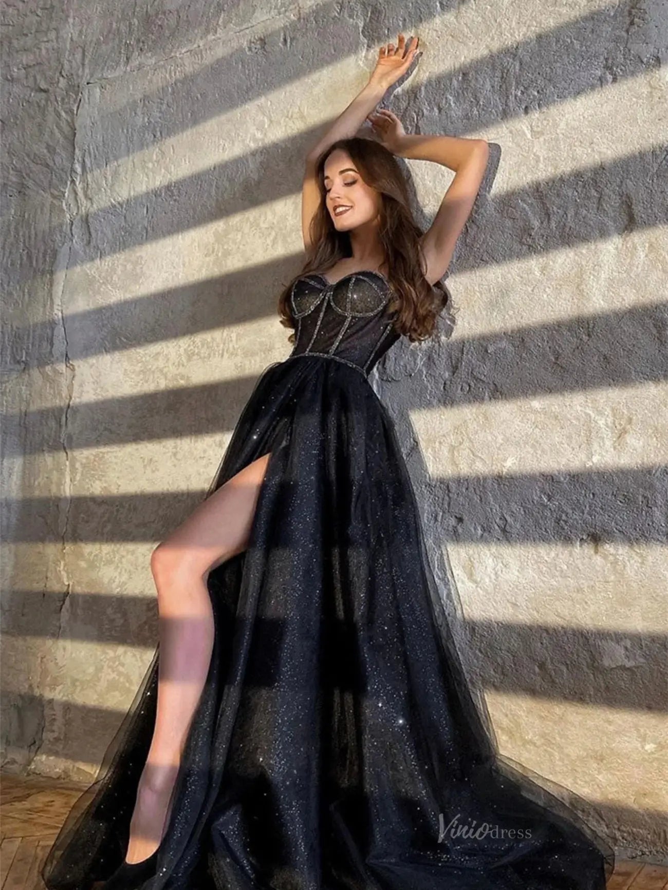 Black Sparkly Tulle Prom Dresses 2025 Spaghetti Strap Formal Gown with Slit FD5113-prom dresses 2025 -Viniodress-Black-Custom Size-