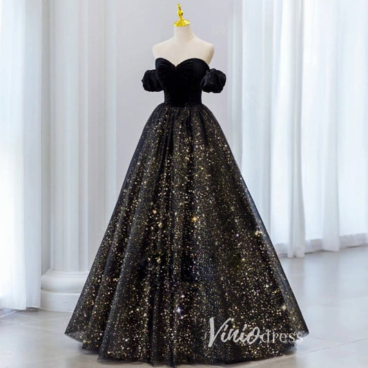 Black Sparkly Tulle Prom Dresses Off the Shoulder Formal Gown FD3241-prom dresses 2025 -Viniodress-Black-Custom Size-