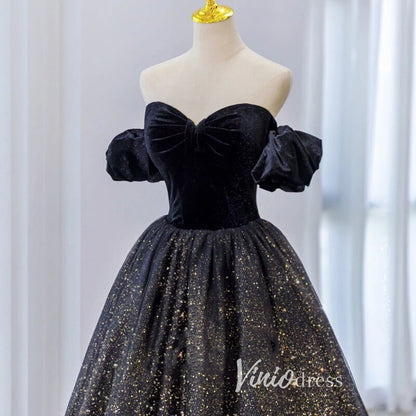Black Sparkly Tulle Prom Dresses Off the Shoulder Formal Gown FD3241-prom dresses 2025 -Viniodress-Black-Custom Size-