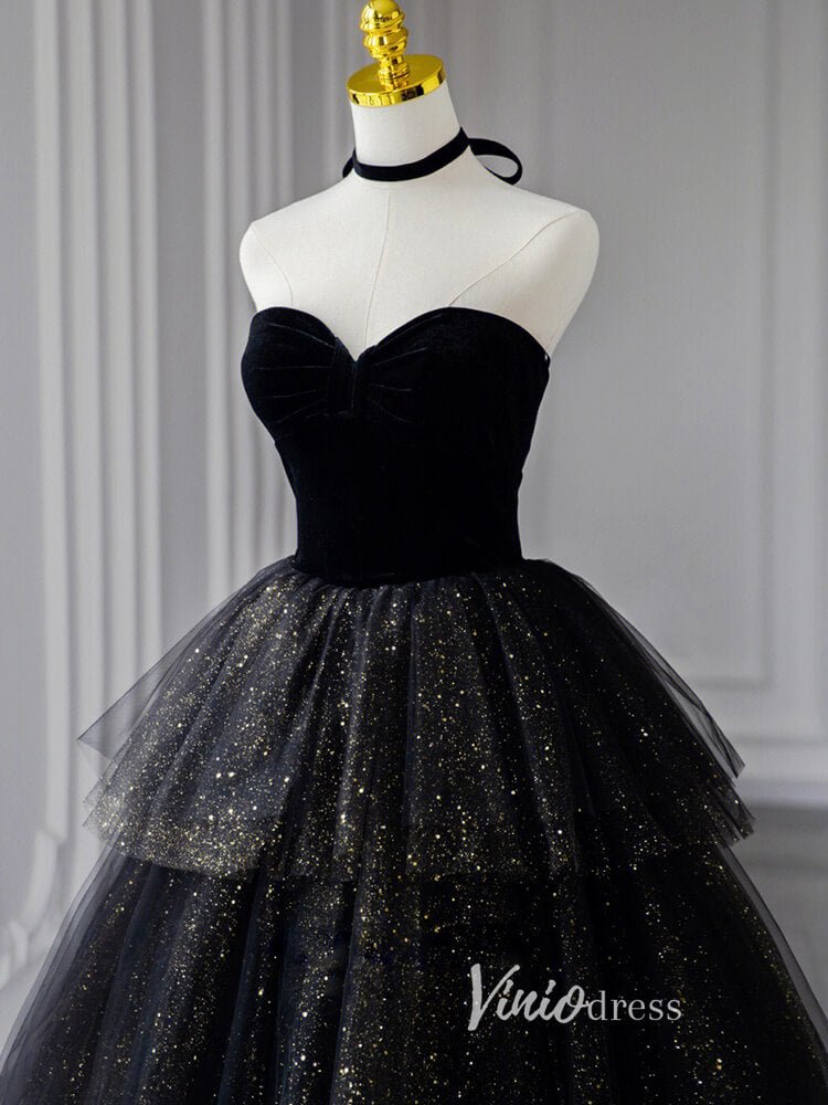 Black Sparkly Tulle Prom Dresses Strapless Ruffled Formal Gown FD3245-prom dresses 2025 -Viniodress-Black-Custom Size-