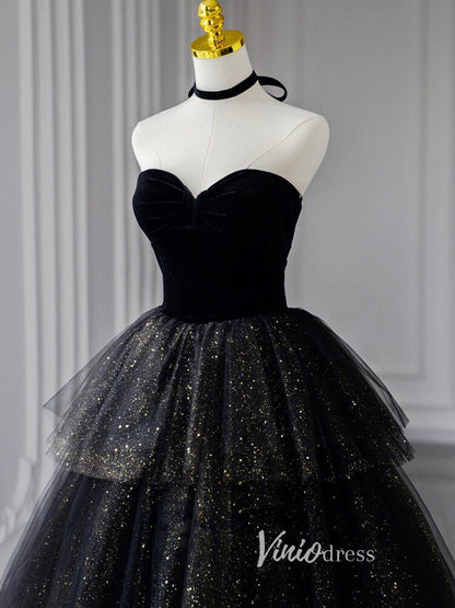 Black Sparkly Tulle Prom Dresses Strapless Ruffled Formal Gown FD3245-prom dresses 2025 -Viniodress-Black-Custom Size-
