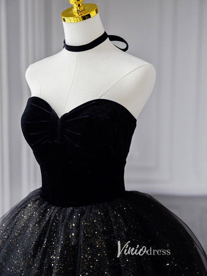 Black Sparkly Tulle Prom Dresses Strapless Ruffled Formal Gown FD3245-prom dresses 2025 -Viniodress-Black-Custom Size-