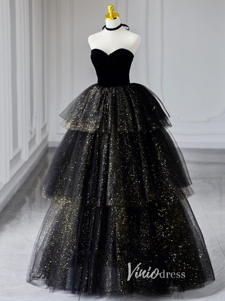 Black Sparkly Tulle Prom Dresses Strapless Ruffled Formal Gown FD3245-prom dresses 2025 -Viniodress-Black-Custom Size-