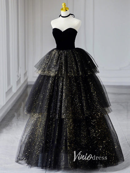 Black Sparkly Tulle Prom Dresses Strapless Ruffled Formal Gown FD3245-prom dresses 2025 -Viniodress-Black-Custom Size-